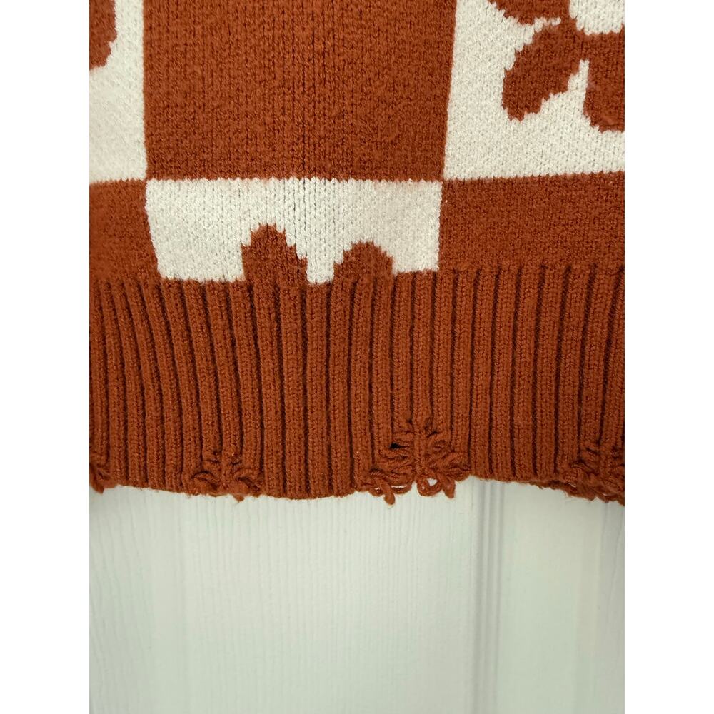 Pol Woman's Daisy‎ Flower Rust Brown Cropped Sweater Large Checkered Raw Hem - Picture 3 of 11